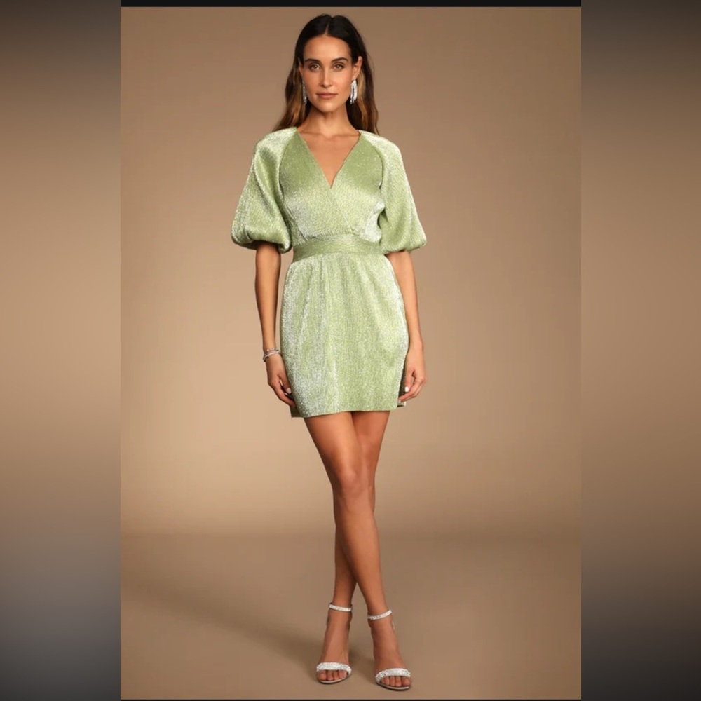 NWT Lulus Ethereal Angel Light Green Glitter Puff Sleeve Mini Dress